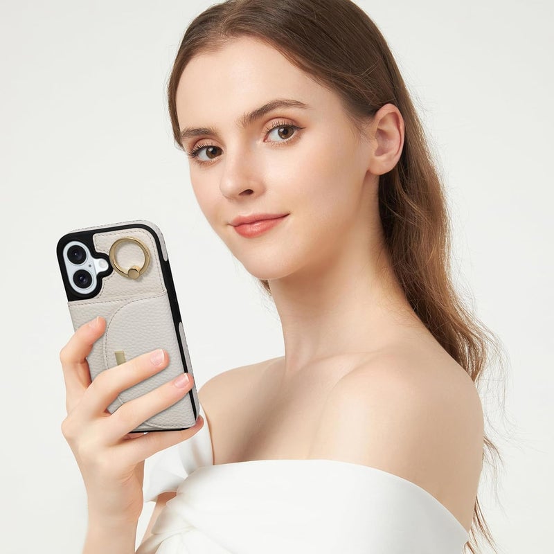 Keallce Wallet Case for iPhone 16 Plus 6.7'', Flip Case with Card Slots, Ring Holder Kickstand, PU Leather Protective Folio Cover for Women, Beige - Image 5